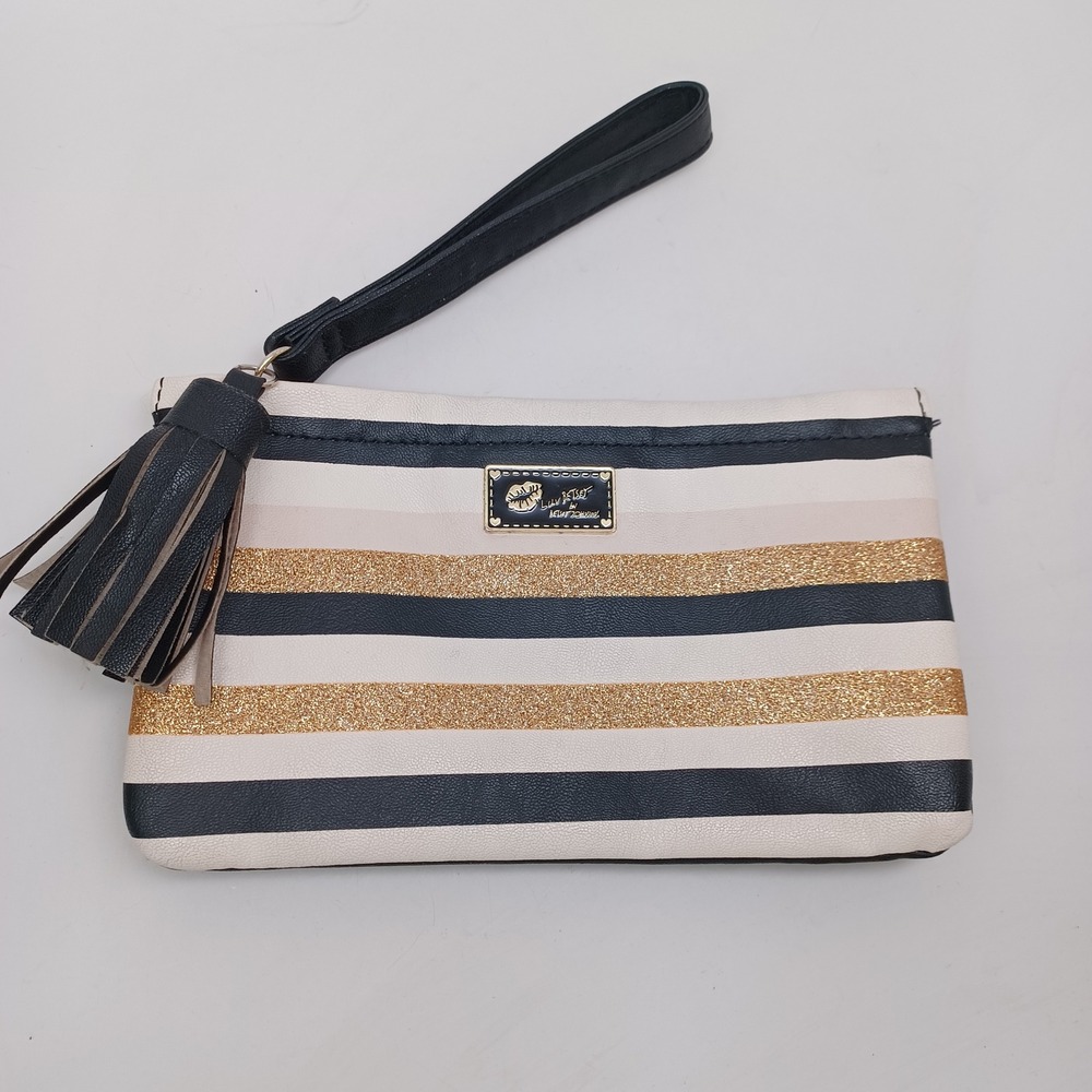 Luv Betsey by Betsey Johnson Striped Glitter Wristlet Pouch Black Gold Cream - Picture 6 of 13